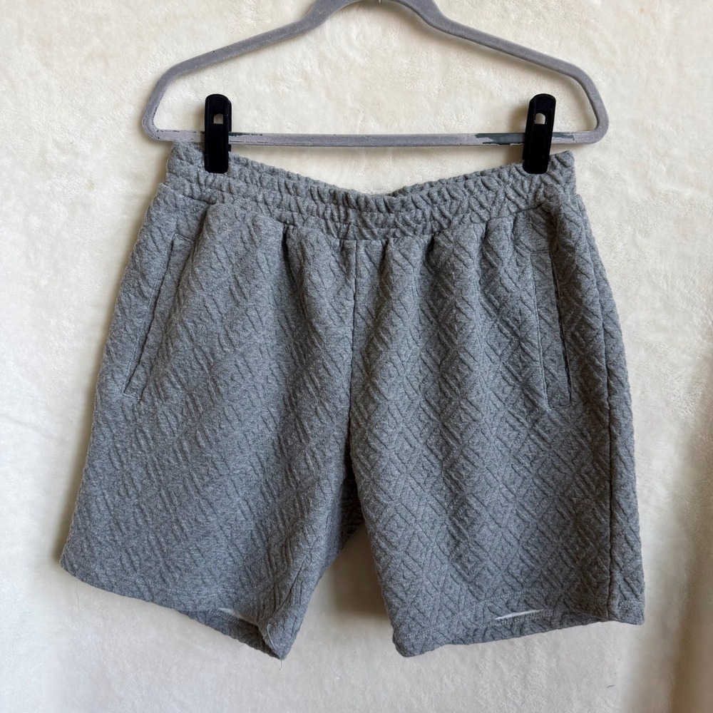 Fleece Factory Sz L Grey Quilted Geometric Pull-On Shorts Pockets Elastic Waist